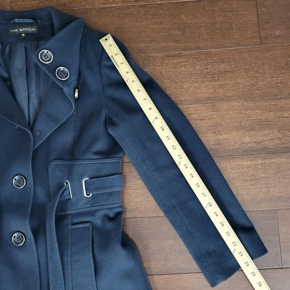 Via Spiga Women's Size 10 Navy Blue Felted 100% Wool Button-Up Belted Coat - Picture 13 of 13